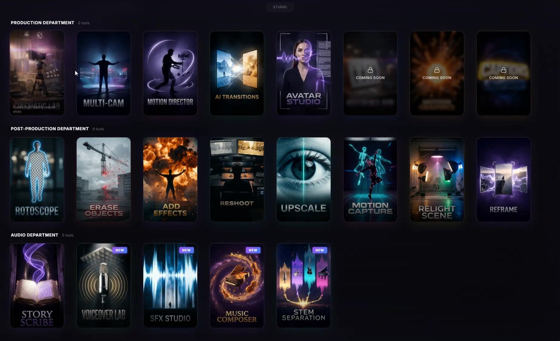 The Chat Video Pro Studio browser, its tools laid out as artwork cards under three headings — Production, Post-Production and Audio — including Cinematic Lab, Multi-Cam, Motion Director, AI Transitions, Avatar Studio, Rotoscope, Upscale, Relight Scene, Story Scribe and Music Composer.