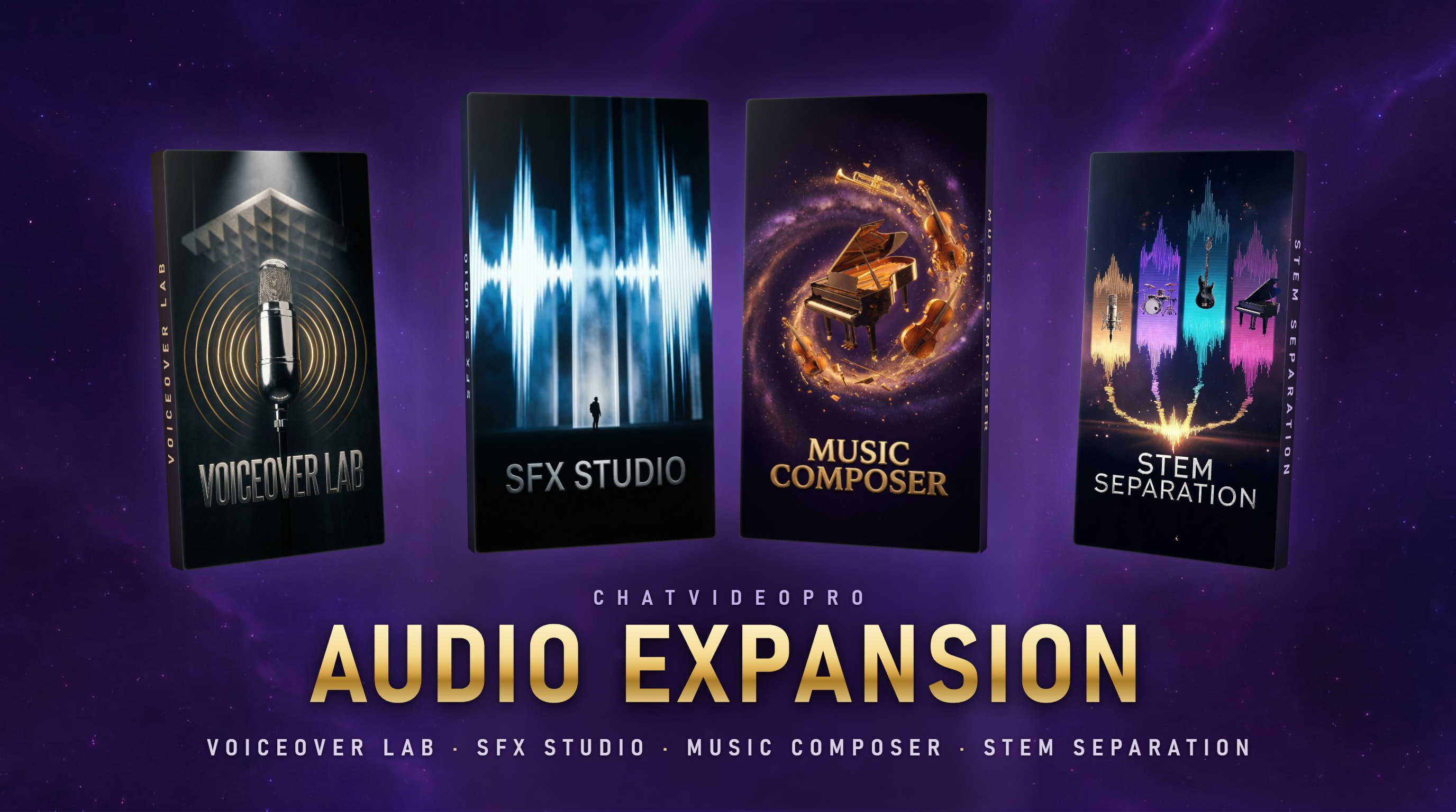 Audio Expansion key art showing the Voiceover Lab, SFX Studio, Music Composer and Stem Separation workflows