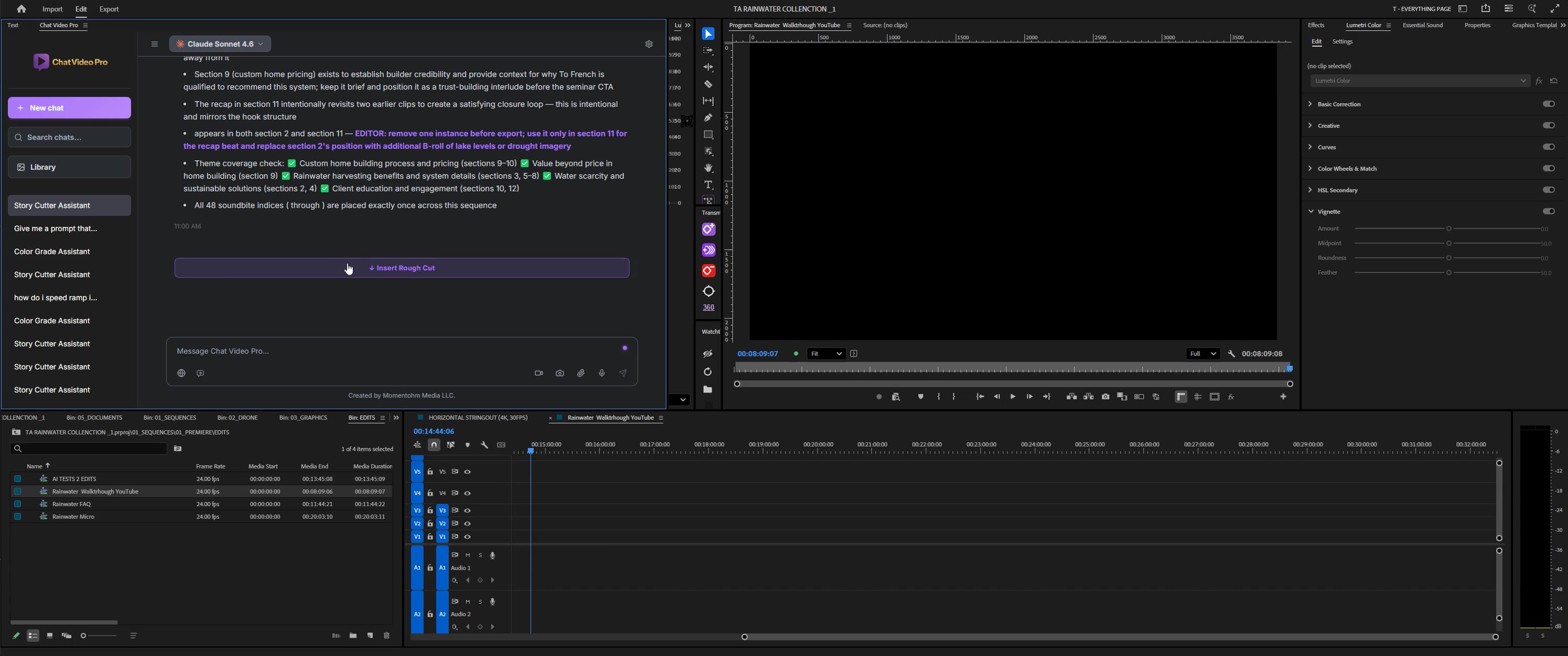 The Chat Video Pro panel inside Premiere Pro showing Story Cutter’s section-by-section edit notes, with an “Insert Rough Cut” button below them and the target Premiere sequence and bins open alongside.