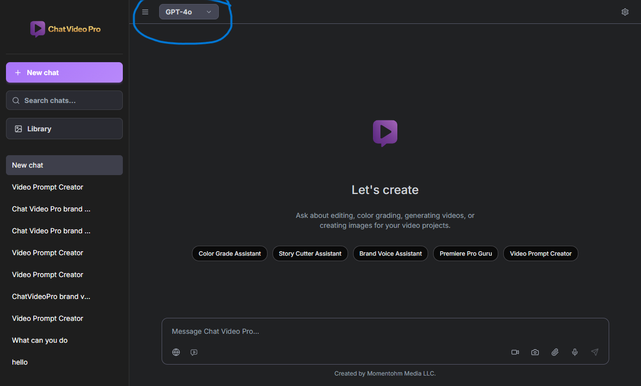 Video model selector bar in Chat Video Pro