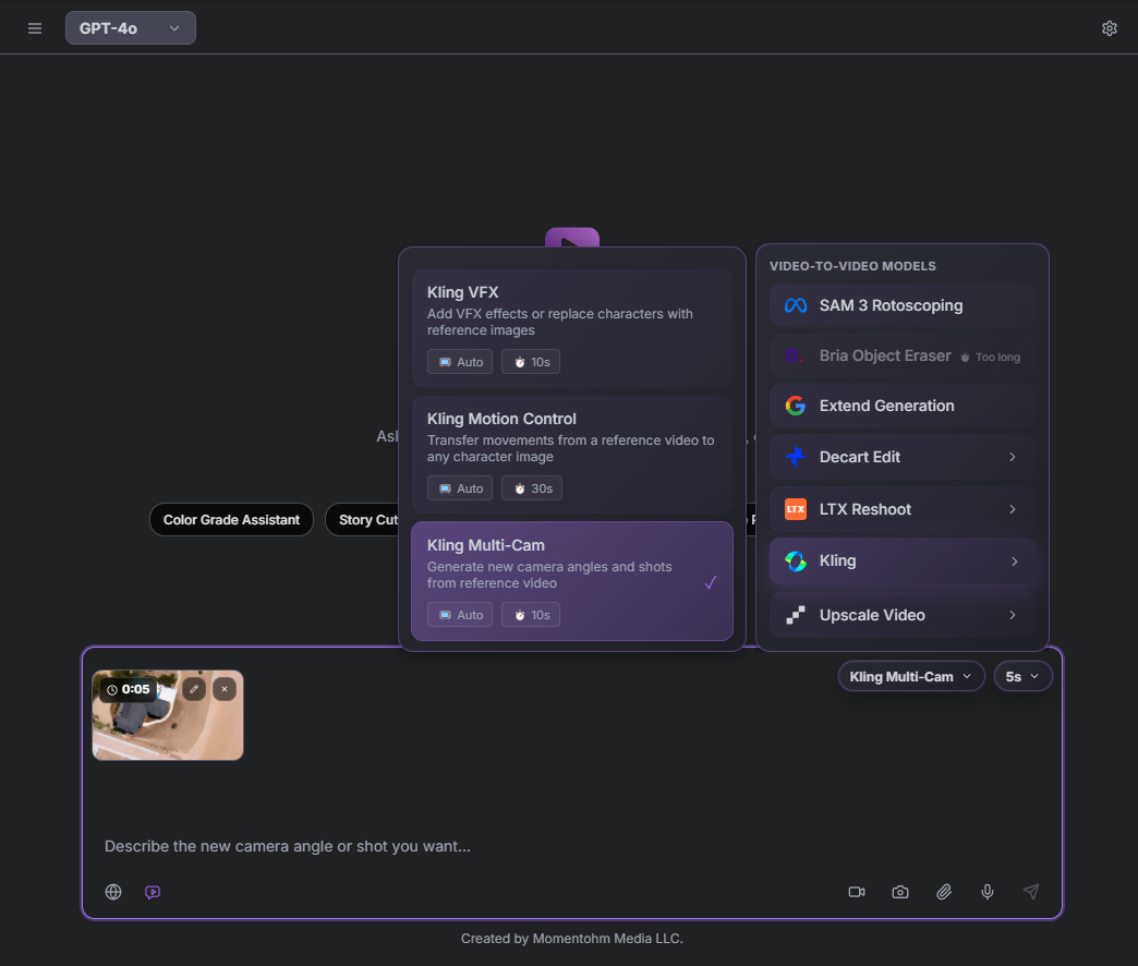 Kling Multi-Cam selected in the Chat Video Pro composer