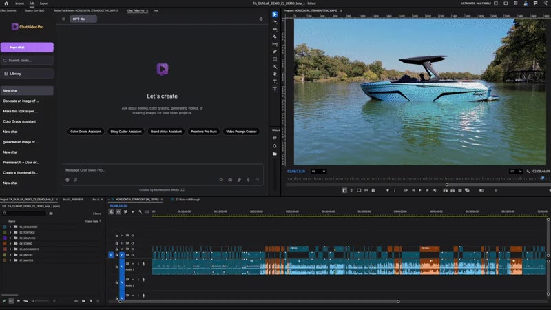The Chat Video Pro panel on its “Let’s create” screen, docked beside an Adobe Premiere Pro program monitor playing a speedboat on a river, with the cut already laid out across a densely packed timeline below.