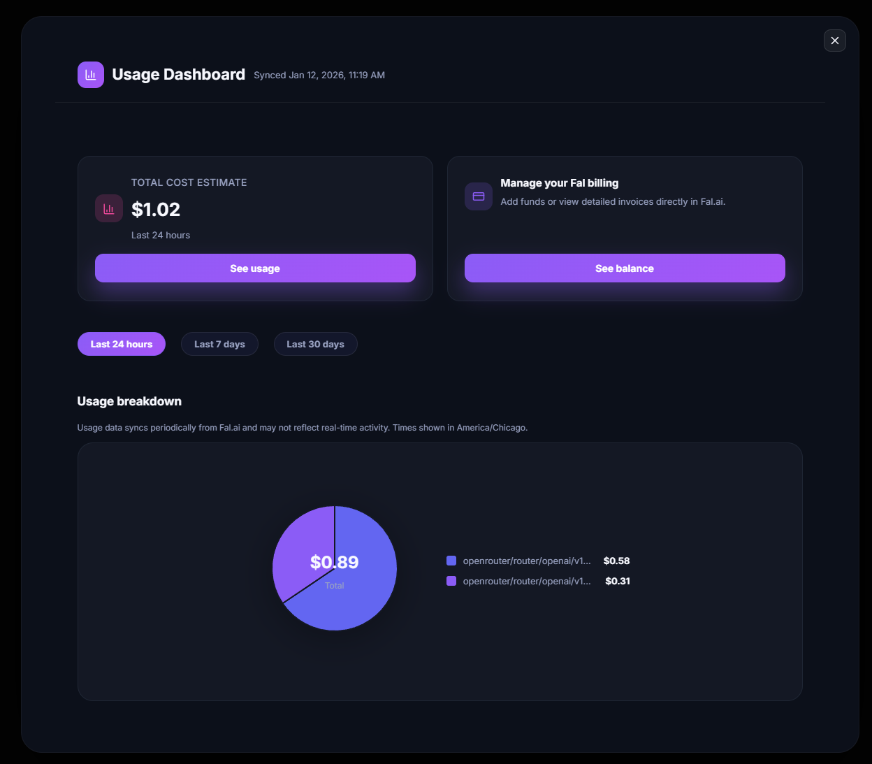 Opening the Usage panel from the gear menu