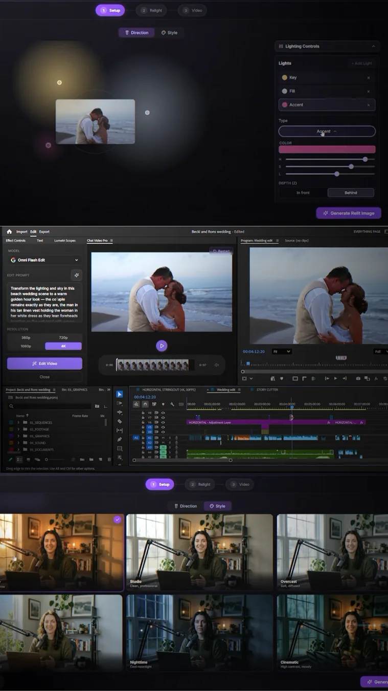 Chat Video Pro relighting workflow shown on wedding footage
