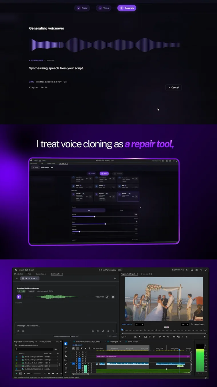 Chat Video Pro Voiceover Lab workflow used to repair wedding dialogue