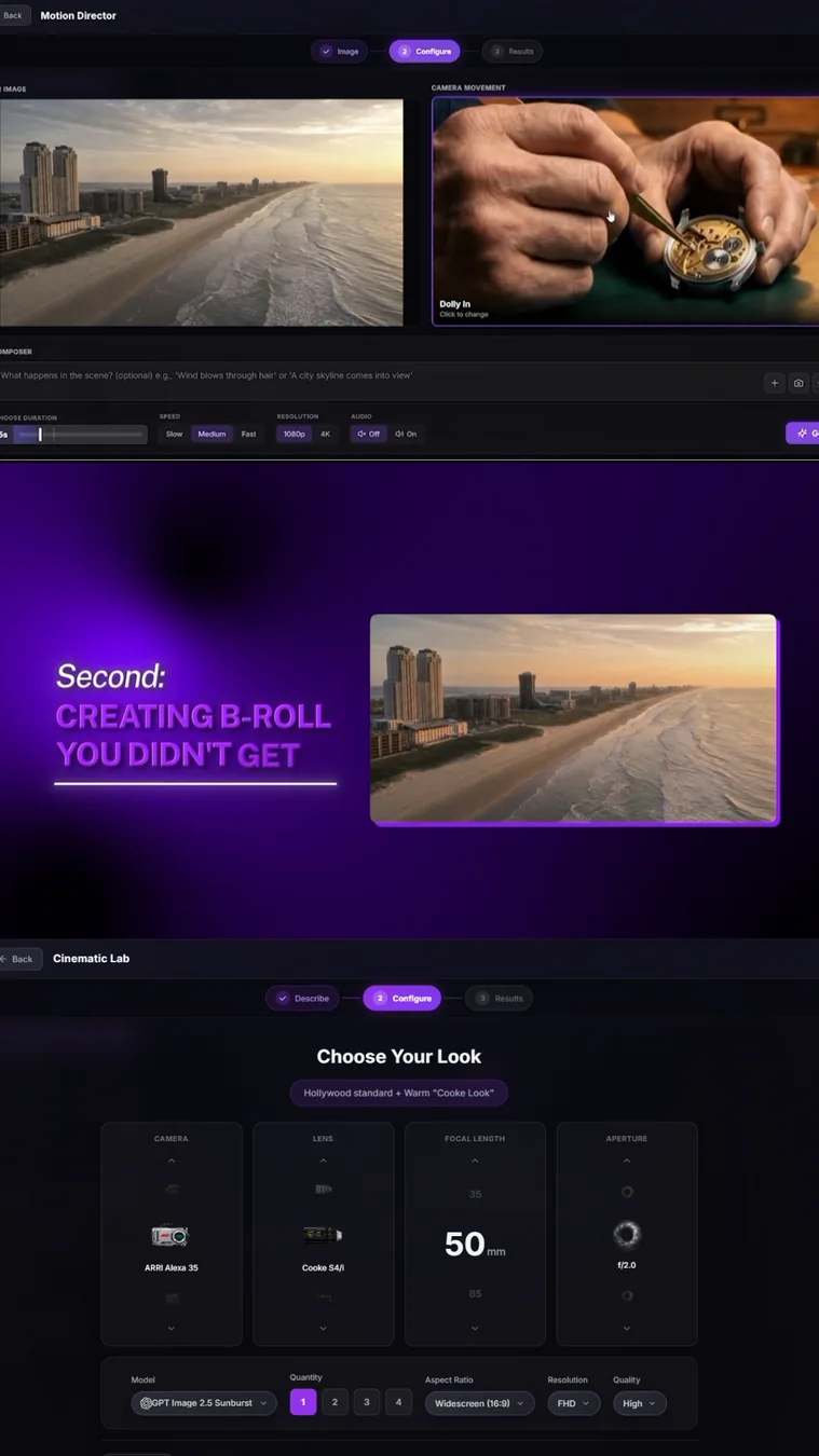 Chat Video Pro Cinematic Lab and Motion Director workflow for creating missing wedding B-roll