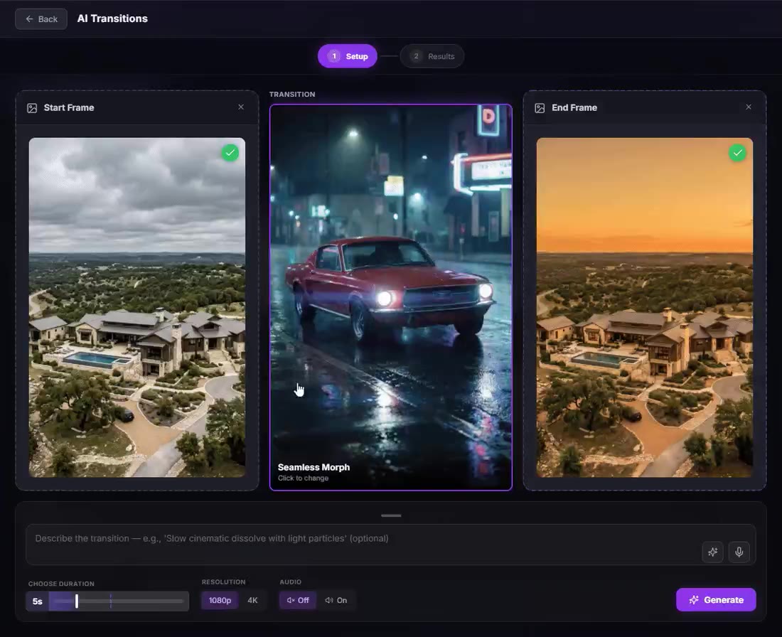 The AI Transitions setup in Chat Video Pro: an aerial shot of a hillside estate under grey cloud as the start frame, the same estate at golden sunset as the end frame, and a “Seamless Morph” transition previewed between them as a red muscle car on a rain-slicked neon street.