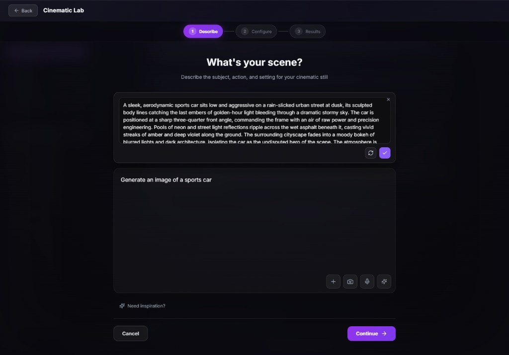 Cinematic Lab AI Optimize expanding a simple prompt into a detailed cinematic scene description