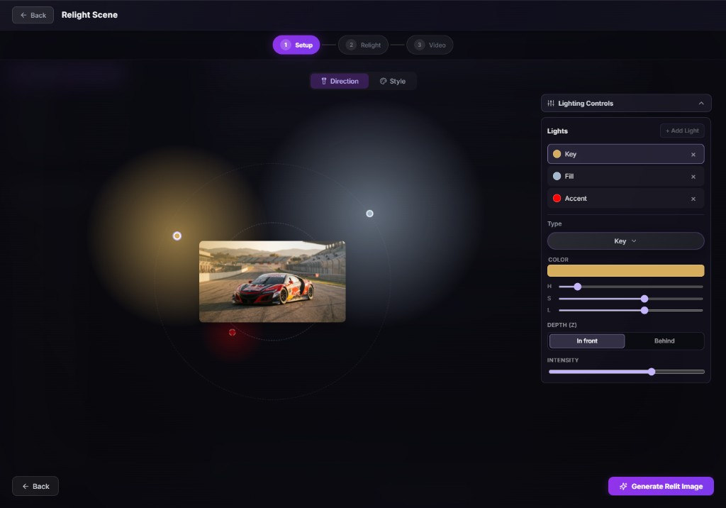 Relight workflow with Key, Fill, and Accent lights and individual color and intensity controls