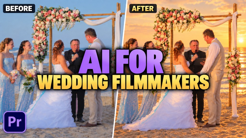 Before and after of a beach wedding ceremony: daylight on the left, golden hour on the right, titled AI for wedding filmmakers.
