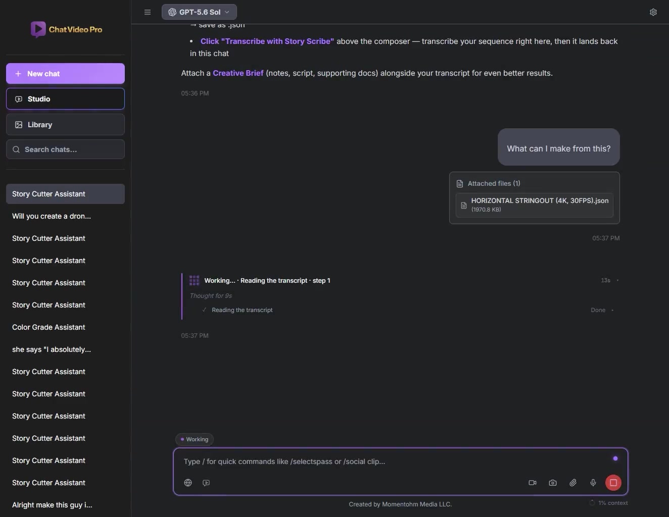The Chat Video Pro chat with the message “What can I make from this?” sent alongside an attached HORIZONTAL STRINGOUT (4K, 30FPS) transcript file, and the assistant below it working through step one, reading the transcript.